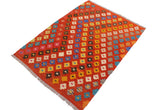 Flat Weave Kilim Antique Navaho Vintage handmade Modern Kilim Rust Beige Hand-Woven Rectangle 100% Wool Area Rug 4x5